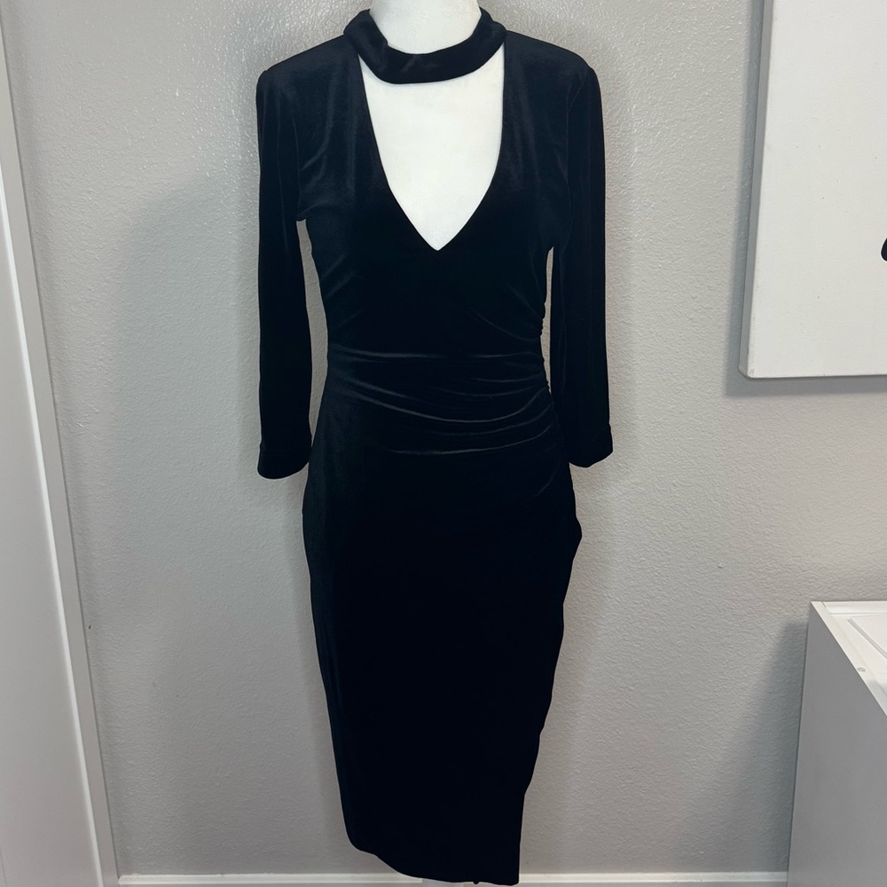 BCBG Maxazria Velvet Fitted Midi Long Sleeve Dress